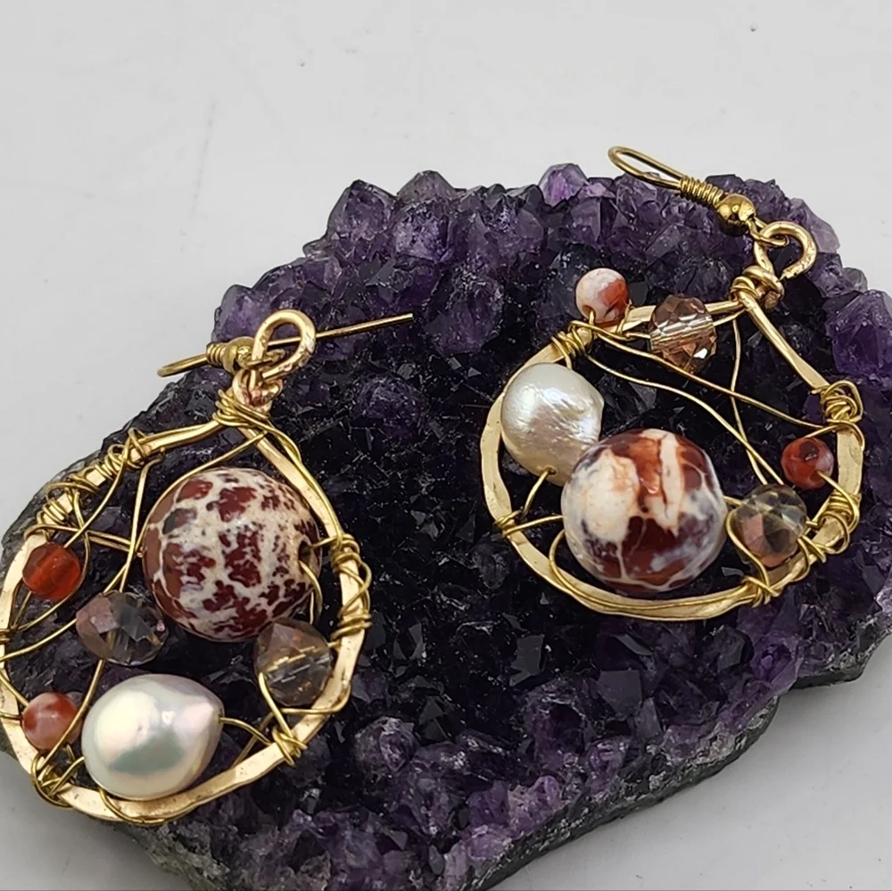CATCH DREAMS BRASS METAL HANDMADE EARRINGS W/ AGATE, PEARLS & CRYSTALS